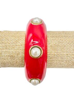 Vintage Red Enamel and Faux Pearl Hinged Bangle Bracelet Gold Accents 7 Inches